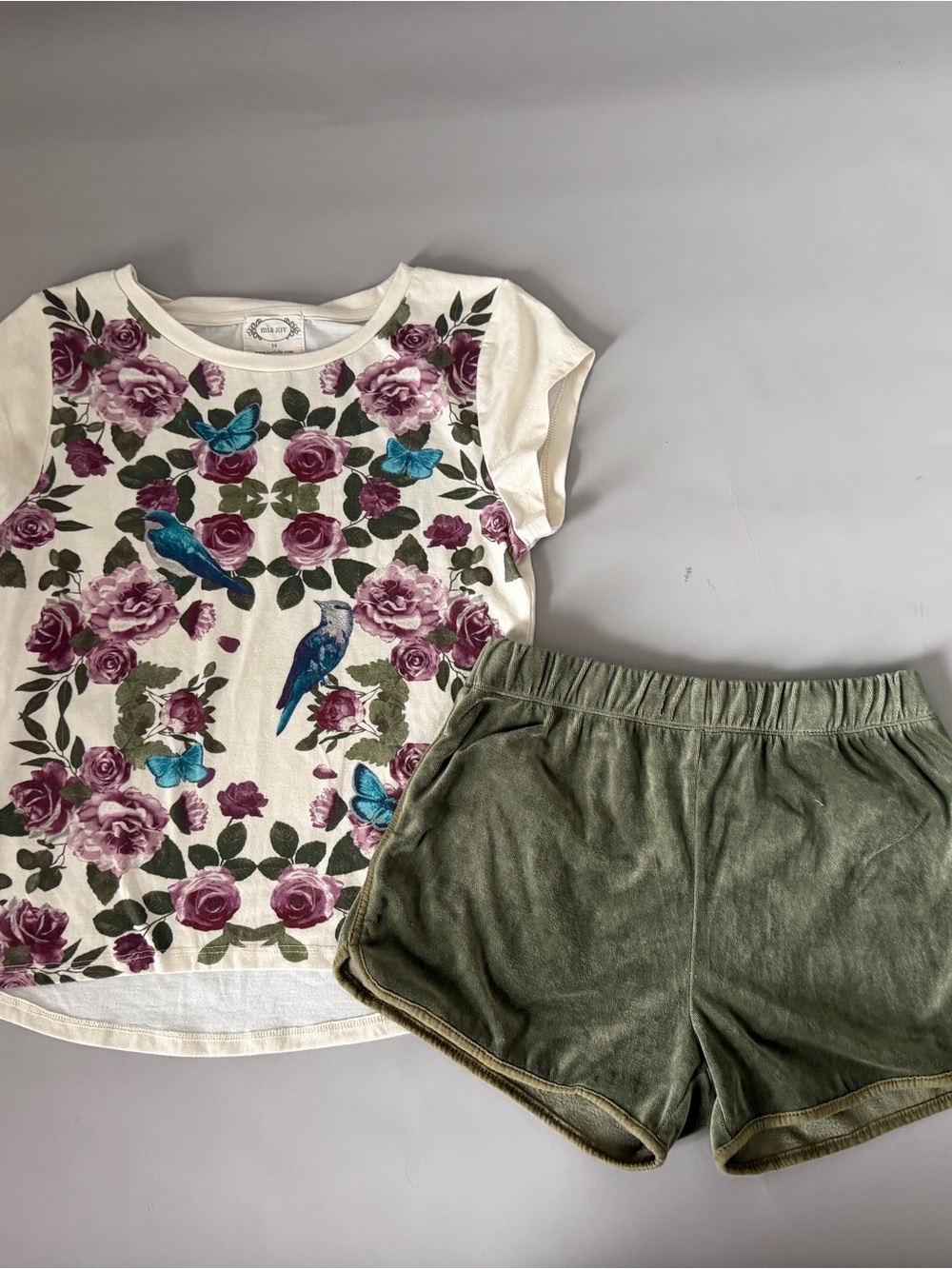 Mia Joy Joyfolie Floral & Bird Cream Graphic Tee with Olive Green Shorts